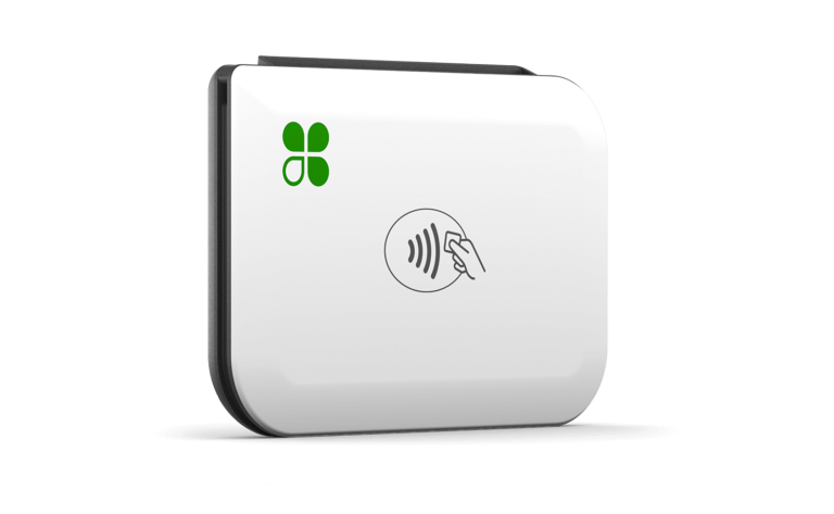 green clover logo on white tap to pay device